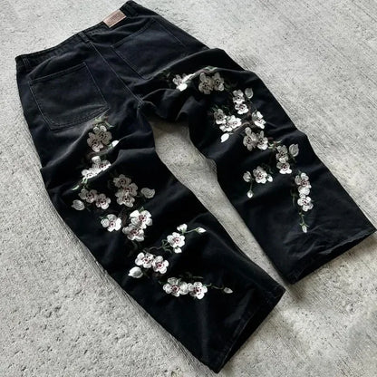 Cherry Blossom Embroidered Baggy Jeans — Y2K Low Waist Wide Leg, Unisex 3