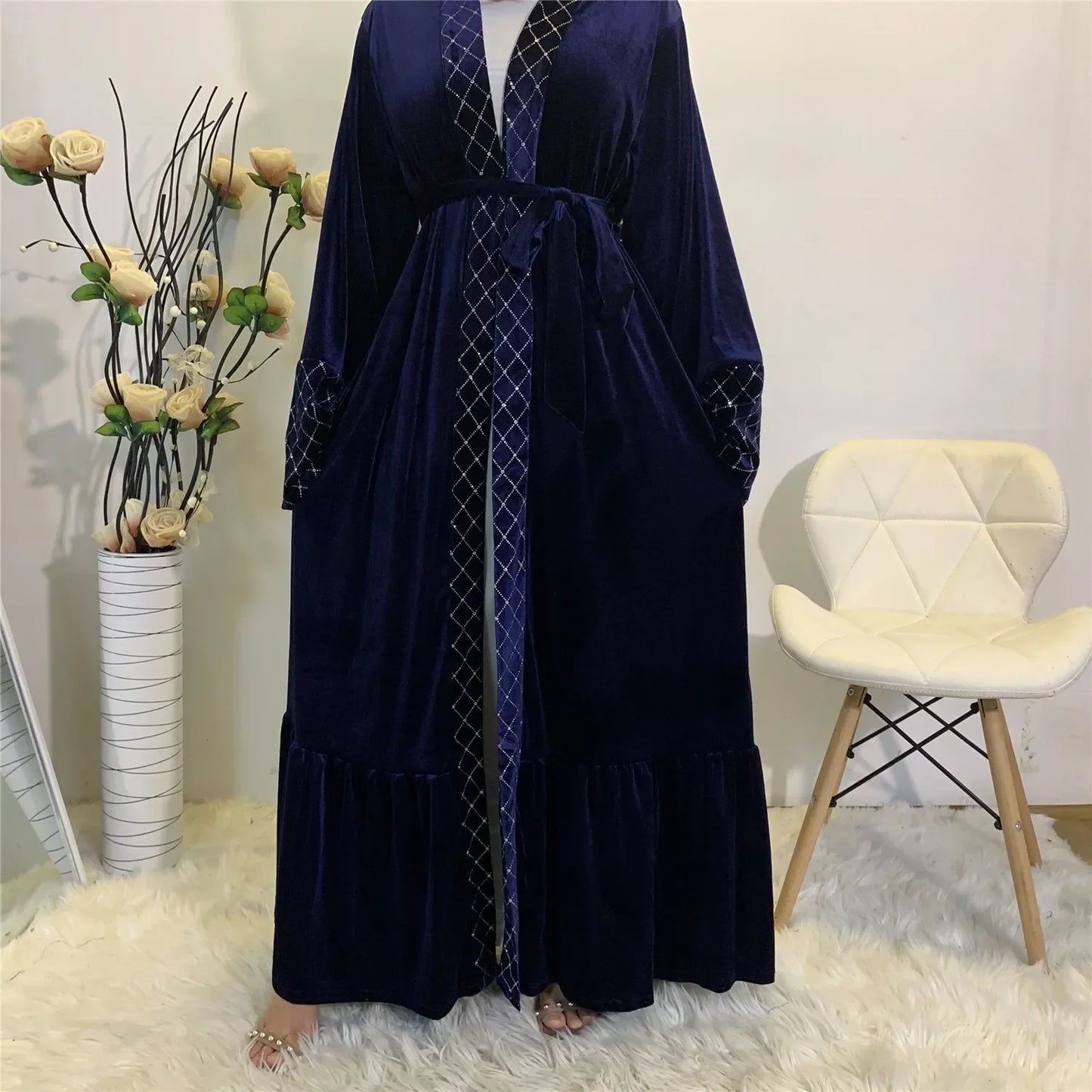 Autumn and Winter Long Sleeve Abayas Corduroy Velvet Cardigan Abaya for Women Solid Warmth Muslim Dress Women Eid Caftan Evening