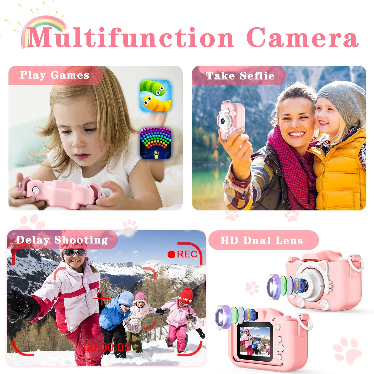 Kids Camera for Girls 1080P HD Toddlers Digital Video Record Camera for Birthday with 32GB SD Card 2 Inch IPS Screen Toy Cameras