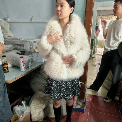 Women's fur coat short style fashion imitation fox hair whole fur coat autumn winter new casual lady jacket Beige