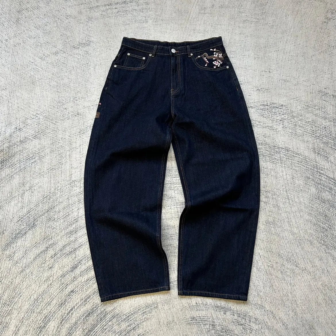 Cherry Blossom Embroidered Baggy Jeans — Y2K Low Waist Wide Leg, Unisex