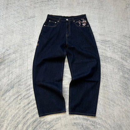 Cherry Blossom Embroidered Baggy Jeans — Y2K Low Waist Wide Leg, Unisex