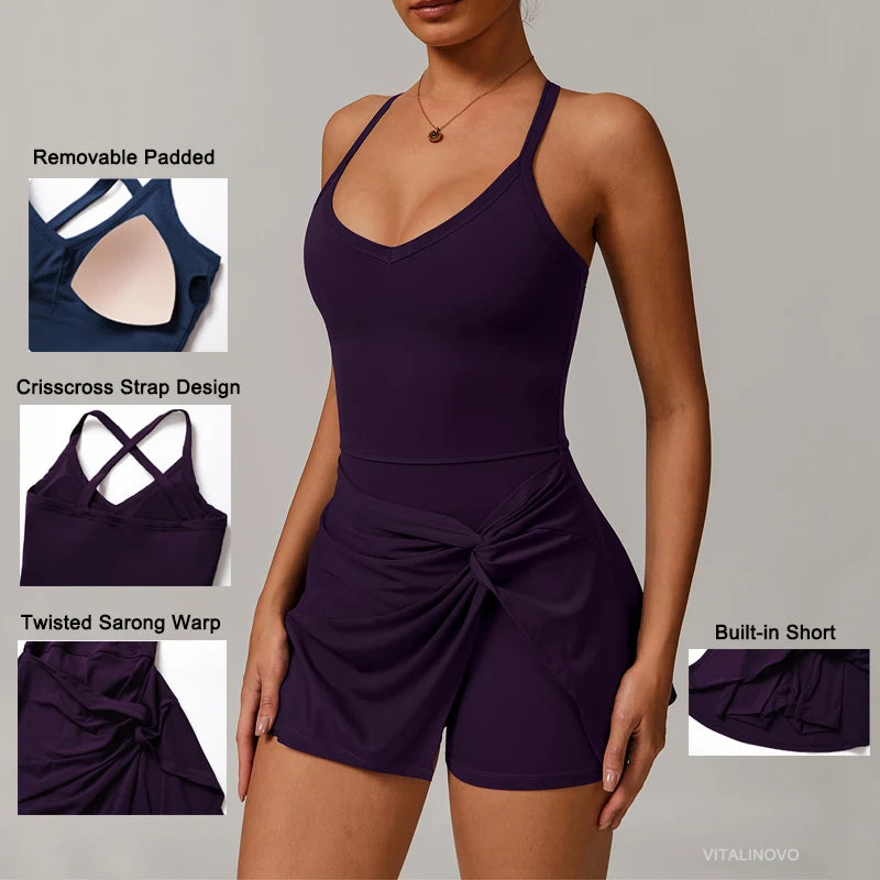 VITALINOVO Womens Tennis Dress with Shorts Underneath Workout Dress with Built-in Bra Deep V Neck Athletic Dresses Golf Dress