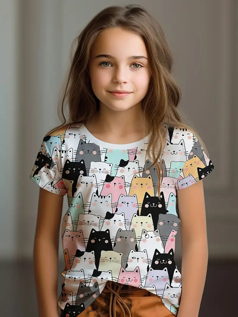 Kids Clothes Children's T-Shirt Girl Short Sleeve Top Cartoon Cat Kawaii Girls Summer Clothes Child T-Shirt Children's Clothing S35TX3385 CHINA
