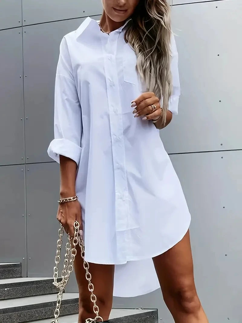 Women's Solid Color Button Front Shirt Dress - Casual Long Sleeve Lapel Dress for Spring & Fall WHITE