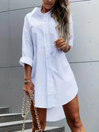 Women's Solid Color Button Front Shirt Dress - Casual Long Sleeve Lapel Dress for Spring & Fall WHITE
