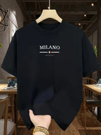 Men's 100% pure cotton fashionable casual loose Italian style Milan letter printed round neck short sleeved T-shirt top