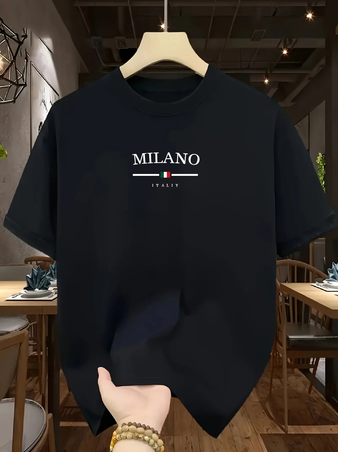 Men's 100% pure cotton fashionable casual loose Italian style Milan letter printed round neck short sleeved T-shirt top