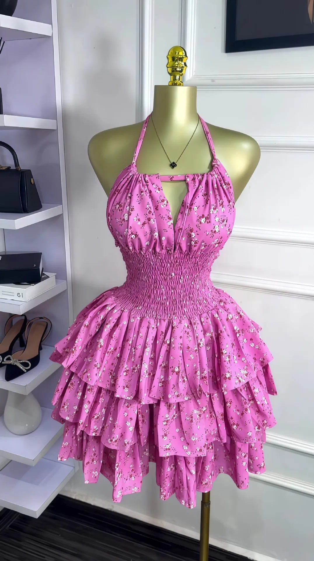 CM.YAYA Women Floral Printed Halter Ruffles Midi A-line Tiered Mini Dress Fall Vacation Elegant Evening Birthday Party Dresses Pink