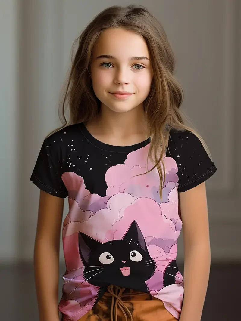 Kids Clothes Children's T-Shirt Girl Short Sleeve Top Cartoon Cat Kawaii Girls Summer Clothes Child T-Shirt Children's Clothing S35TX3377 CHINA