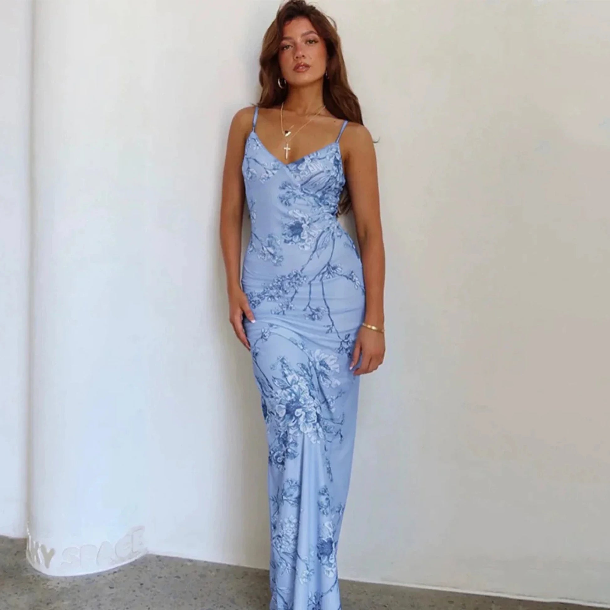 Spring Women's Floral Print Slim Fit Maxi Dress Casual Vacation Style Off-Shoulder Gown European And American Cross-Border Blue