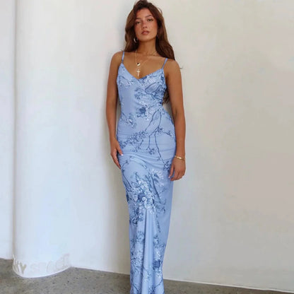 Spring Women's Floral Print Slim Fit Maxi Dress Casual Vacation Style Off-Shoulder Gown European And American Cross-Border Blue