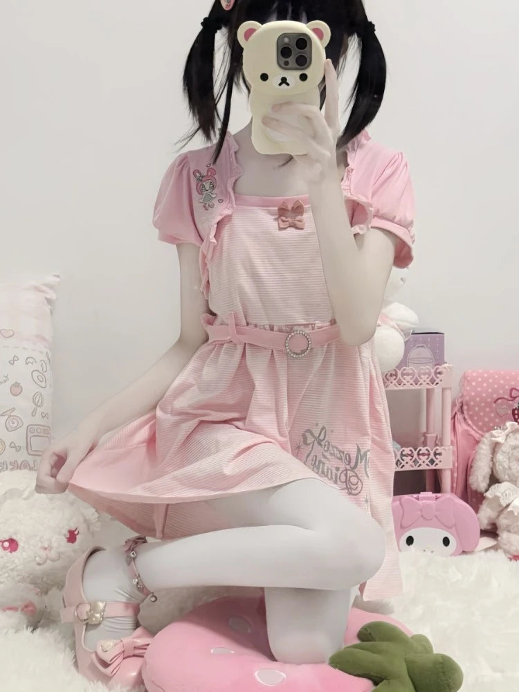 Japanese Sweet Summer Stripe Dress Cute Girl Style Bow Embroidery Sleeveless Strap Dress Soft Kawaii Y2K Aesthetic Fairy Outfit