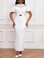 2025 Fashion Elastic Banquet Elegant Dress with Beaded Tulle Shawl Sleeves, Belted, Slim-Fitting, and Pencil Long Skirt