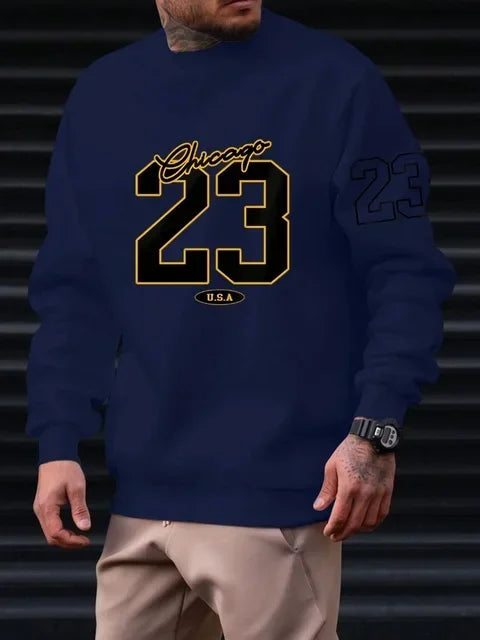 23 USA Art Letter Design Man Clothes Street Style Fleece Sweatshirts Autumn Casual Hoodies Fashionable Crewneck Pullovers Navy23