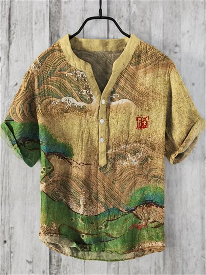 2024 New Men's Linen Shirt Men's Spring and Summer Hawaiian Casual Vacation Style Top 5XL Size B12