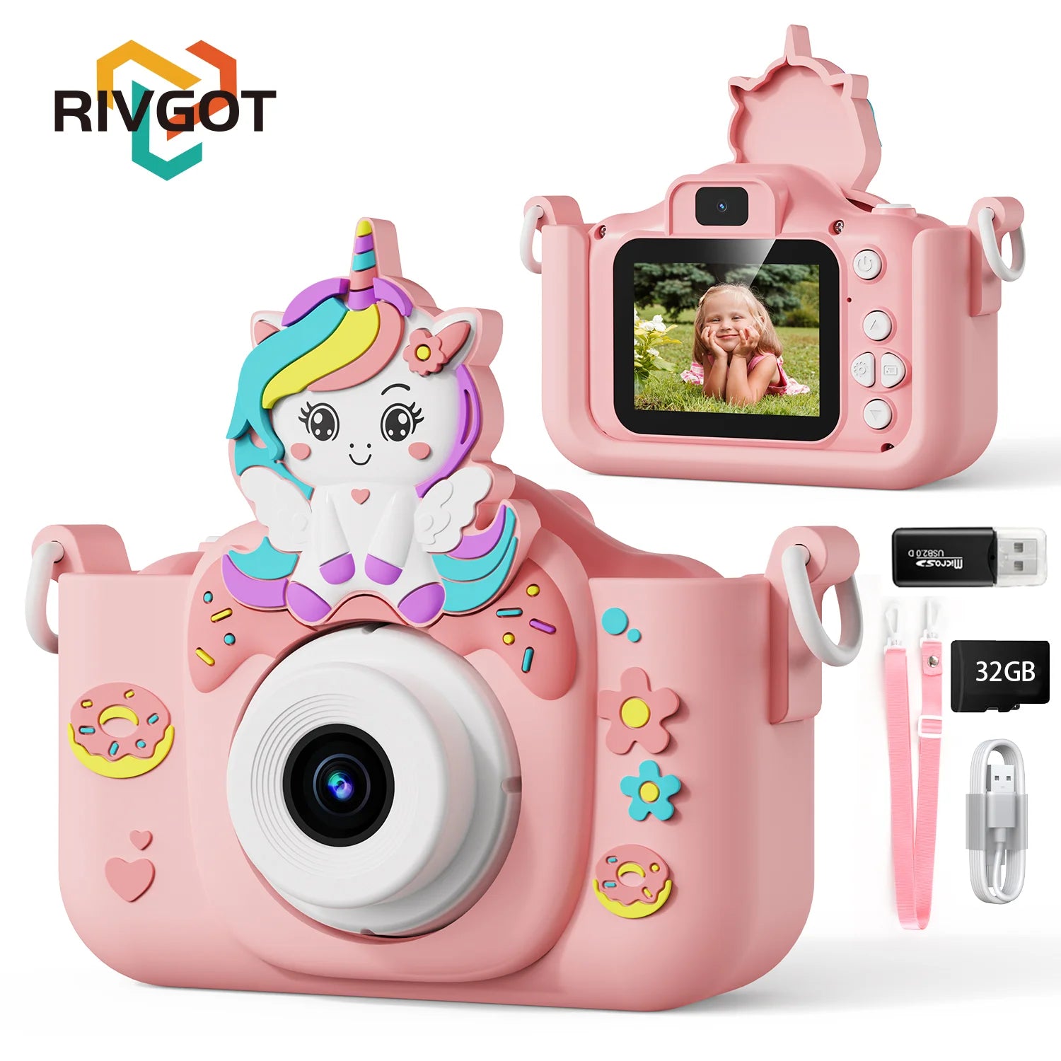 Kids Camera Toys 2-Inch IPS Screen Digital Cameras Photography Selfie With 32GB Card Educational Game for Girl Boy Birthday Gift