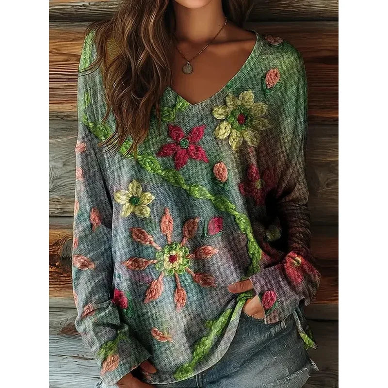 Vintage Women's T-Shirt Floral Graphic Plants Elegant Fashion Tee Long Sleeve T-shirts V-Neck Regular Tops Pullover Fall Winter