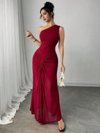 Women's One-Shoulder Ruched Burgundy Maxi Dress for Evening Party