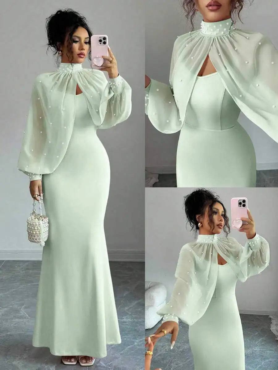 Elegant Pink Mermaid Gown with Beaded Sheer Capelet, Bodycon Slip Dress Set