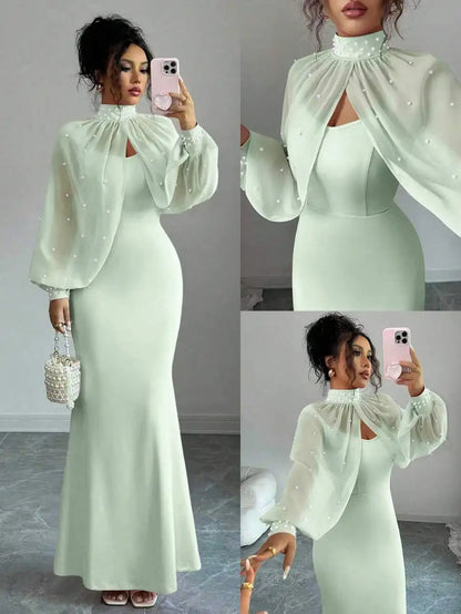 Elegant Pink Mermaid Gown with Beaded Sheer Capelet, Bodycon Slip Dress Set Green United States