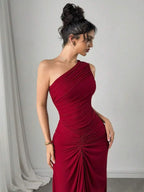 Women's One-Shoulder Ruched Burgundy Maxi Dress for Evening Party