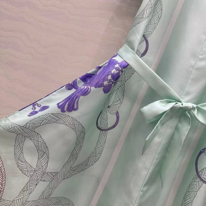 Luxury 100% Silk Vintage Dress Women V-neck Short Sleeve Rope Totem Printing Belt Mint Green Elegant Lady Long Dresses