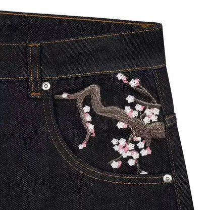 Vintage Low Waist Hip Hop Cherry Blossom Embroidered Jeans  Wide Leg Trousers Y2K Clothes Mens Womes Embroidered Baggy Jeans