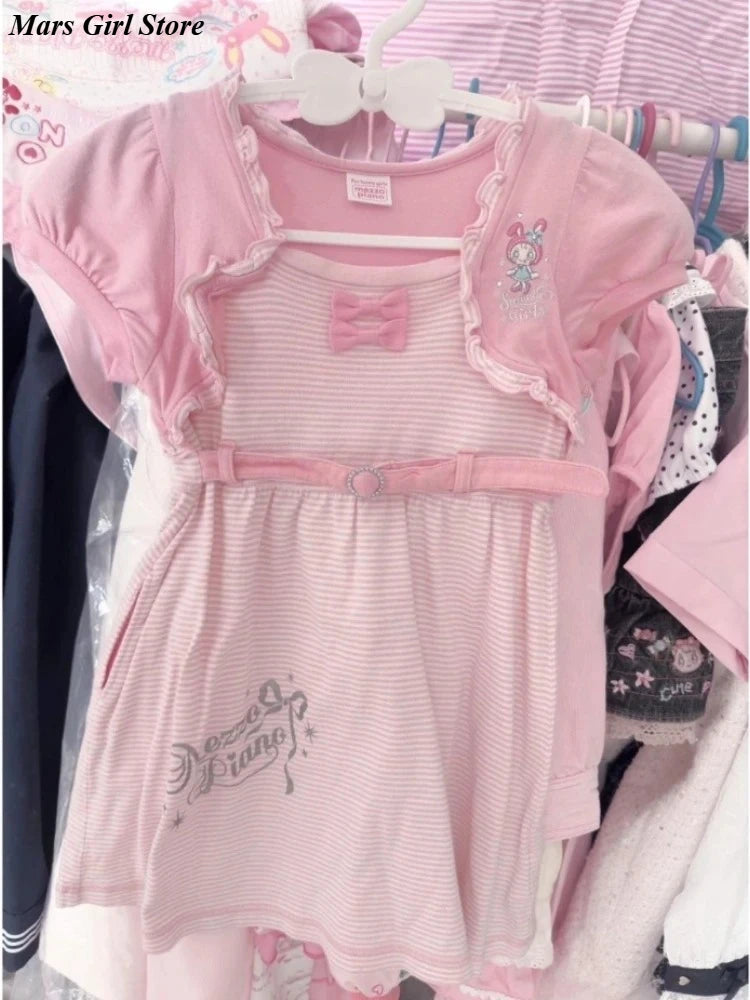 Japanese Sweet Summer Stripe Dress Cute Girl Style Bow Embroidery Sleeveless Strap Dress Soft Kawaii Y2K Aesthetic Fairy Outfit