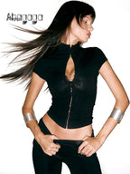 Ahagaga Sexy Women's Sets Short Sleeves Hollow Out Skinny Zipper Basic 2Pcs (Tops+Long Pants) High Street Turtleneck Reacksuits