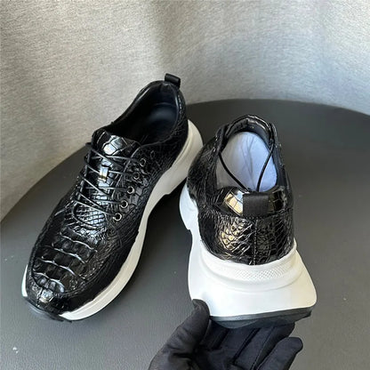 Authentic Real Crocodile Skin Classic Black White Men Soft Sneakers Genuine Exotic Alligator Leather Male Lace-up Walking Flats