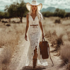 Womens Bohemian Maxi Dress Retro White Lace Sleeveless Summer Beach Wedding Guest Dress Elegant Church Party