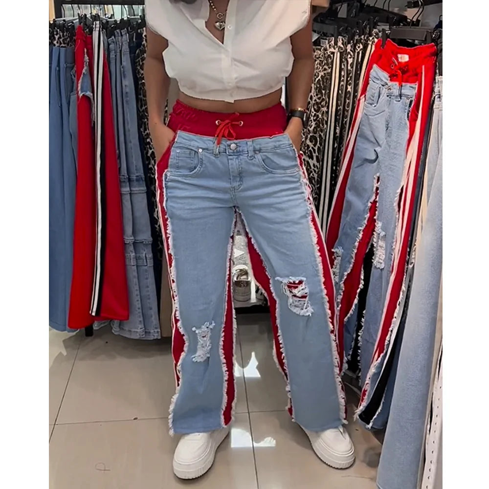 High Waist Ripped Jeans Women Colorblock Contrast Distressed Patchwork Pants Streetwear Wide Leg Long Stretch Denim Jeans Red