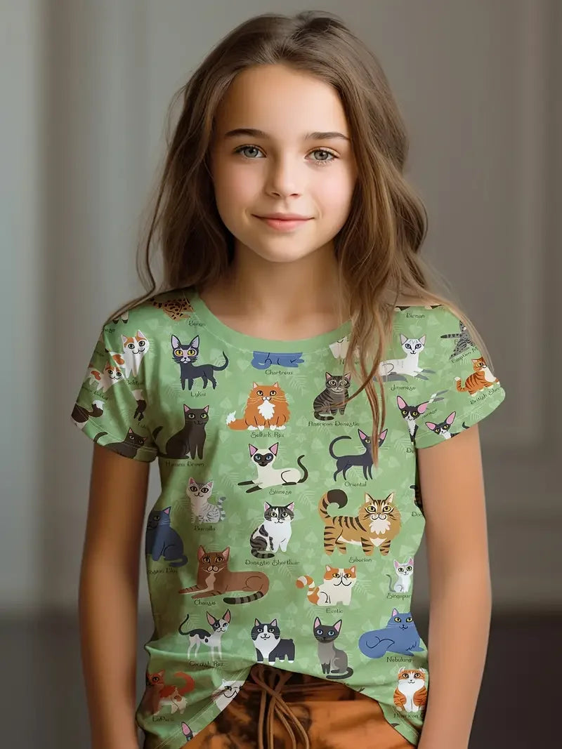 Kids Clothes Children's T-Shirt Girl Short Sleeve Top Cartoon Cat Kawaii Girls Summer Clothes Child T-Shirt Children's Clothing S35TX3387 CHINA