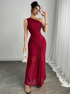 Women's One-Shoulder Ruched Burgundy Maxi Dress for Evening Party