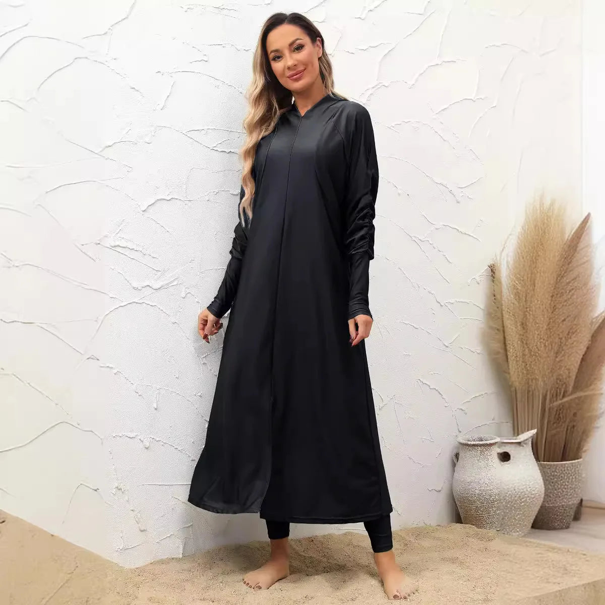 Full Cover Up Diving Surfing Modest Muslim Women Swimsuit Three Piece Set Sun Protection Long Dress Conservative Split Swimwear black