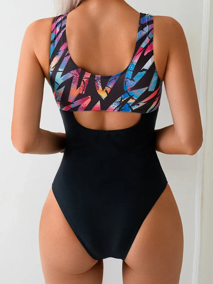 Circyy Sports Swimsuit Women Swimwear Spliced Printed One Piece Bodysuit Swimming Suit Summer Fashion Bathing Holiday Bikinis