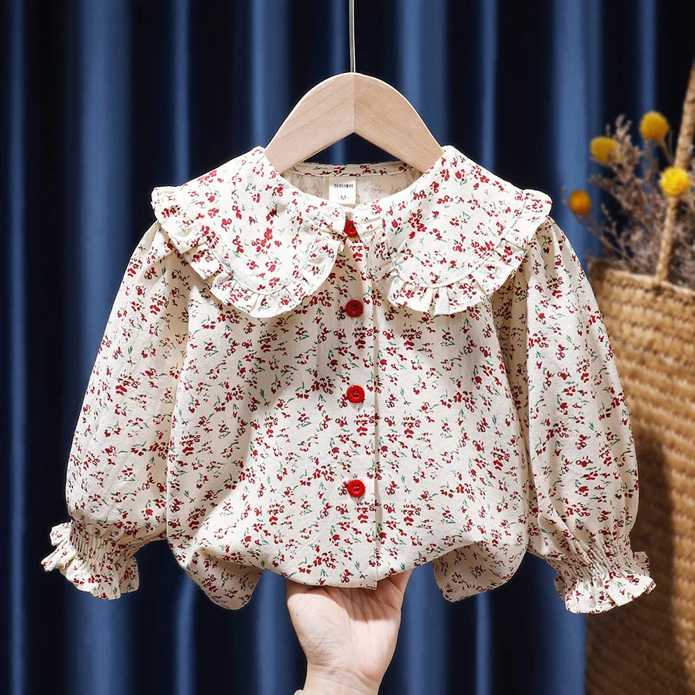 Girls Shirt 2024 Spring New Baby Long Sleeved Shirt Korean Fashion Doll Shirt Little Girl Fashionable Top Blouse for Girls red