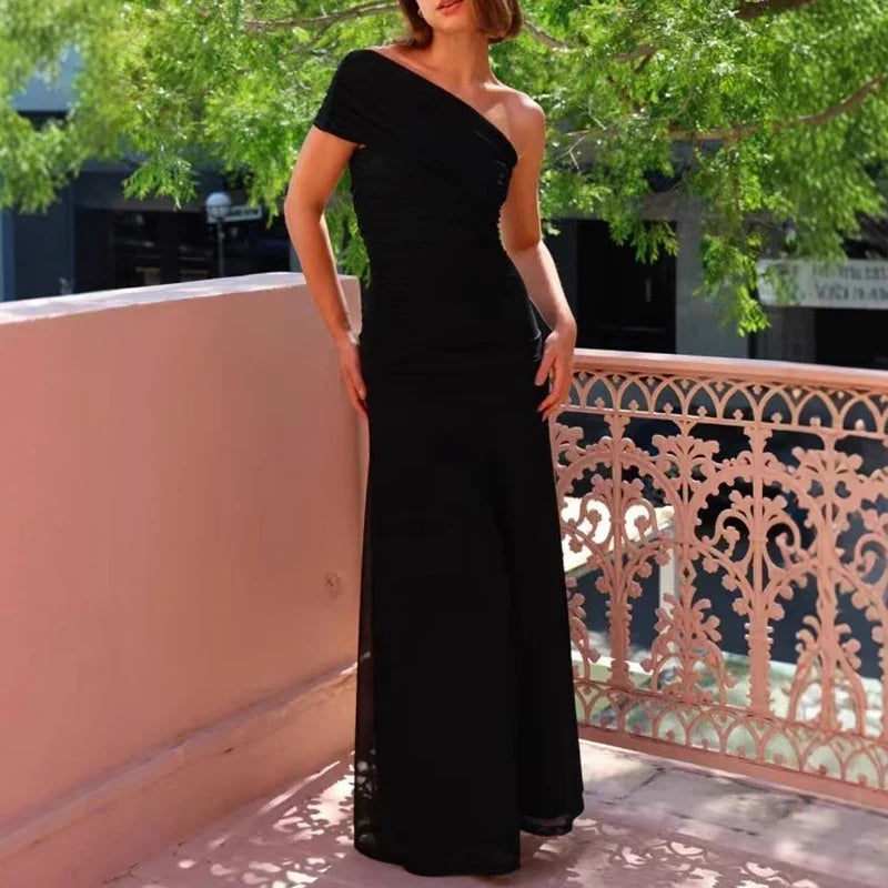 Casual Asymmetrical Dress Summer Slanted Collar High Waist Pleats Long Dress Lady Elegant One Shoulder Sleeve Slim Banquet Dress