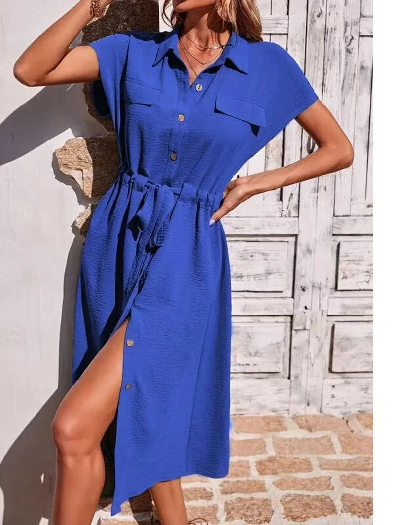 Summer Shirt Collar Waist Skirt Blue