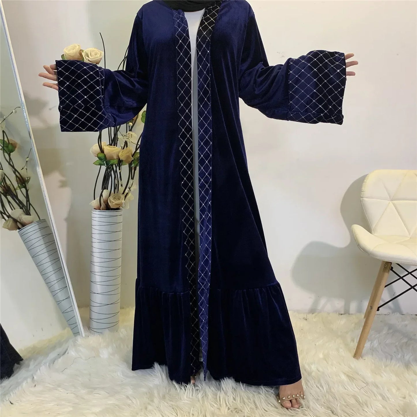 Autumn and Winter Long Sleeve Abayas Corduroy Velvet Cardigan Abaya for Women Solid Warmth Muslim Dress Women Eid Caftan Evening Blue