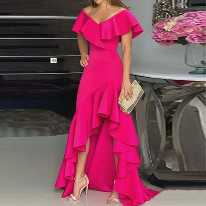 Beauty style elegant V-neck ruffled irregular elegant dress rose red