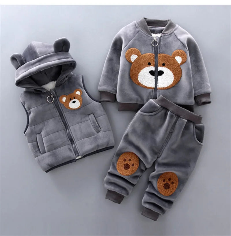 Kids Cartoon Clothing Sets Winter Autumn Boys Girls Cotton Thick Warm Hooded Sweater Cute Bear 3Pcs Children Suits 0-4 Years Grey