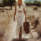 Womens Bohemian Maxi Dress Retro White Lace Sleeveless Summer Beach Wedding Guest Dress Elegant Church Party