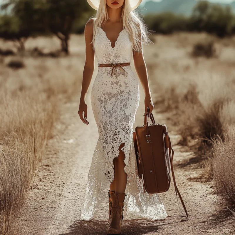 Womens Bohemian Maxi Dress Retro White Lace Sleeveless Summer Beach Wedding Guest Dress Elegant Church Party