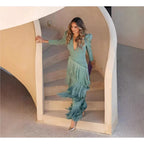 Autumn Long Sleeve Spliced Tassel Party Dresses Woman Elegant Deep V Neck Sheath Long Dress Fashion Deep V Neck Holiday Dress