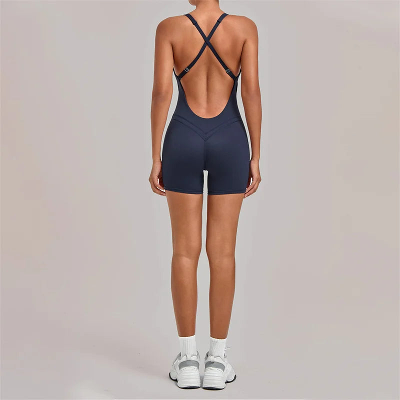 SVEIC Gym Sports Jumpsuits Short Cross Backless Hollow Fitness Workout Sportswear One Piece Bodysuit Running Tight Yoga Clothing