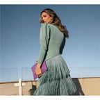 Autumn Long Sleeve Spliced Tassel Party Dresses Woman Elegant Deep V Neck Sheath Long Dress Fashion Deep V Neck Holiday Dress