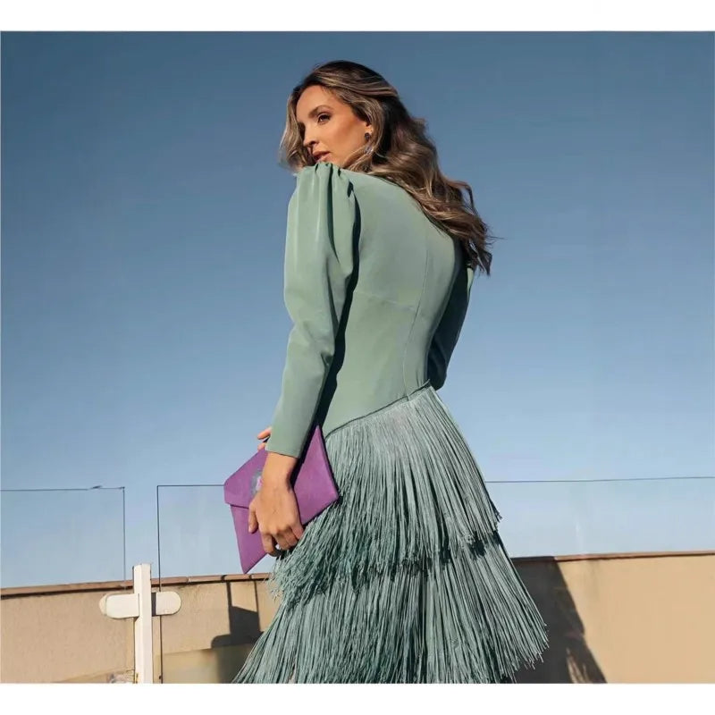 Autumn Long Sleeve Spliced Tassel Party Dresses Woman Elegant Deep V Neck Sheath Long Dress Fashion Deep V Neck Holiday Dress