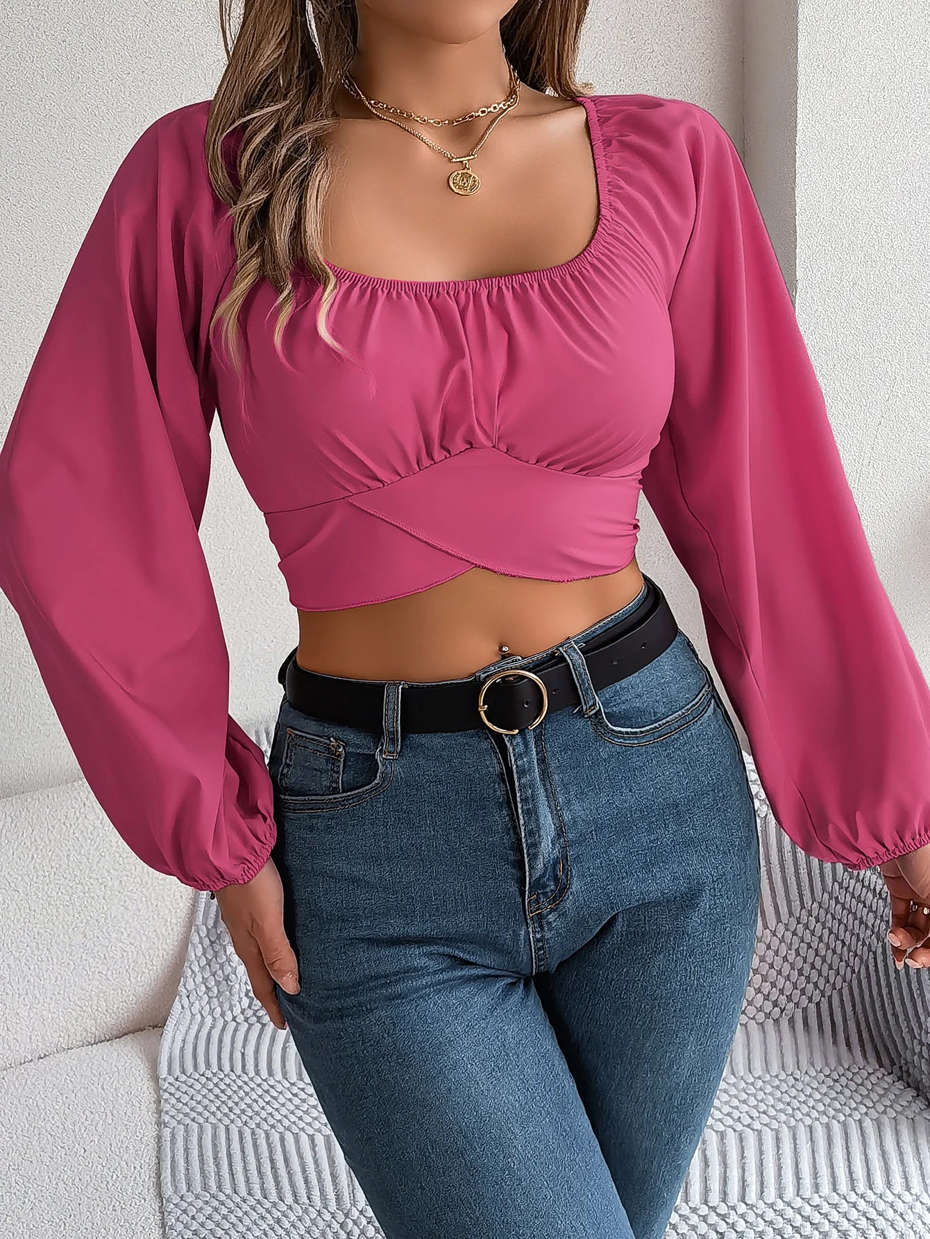 Women's Square Neck Long Sleeve Crop Shirt with Bow Tie Back | Beach Resort Top Rose Red